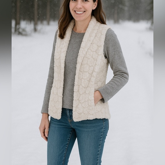 Entro | Cream Faux Teddy Textured Fur Open Front Pocket Rounded Hem Lined Vest M - Picture 17 of 17